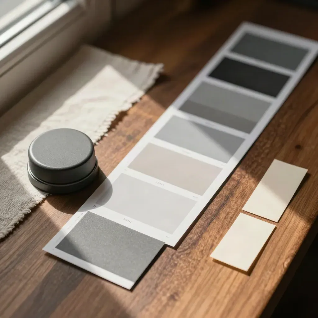 Gray color chips, grading puck, and matched exposure stills on a warm walnut surface.