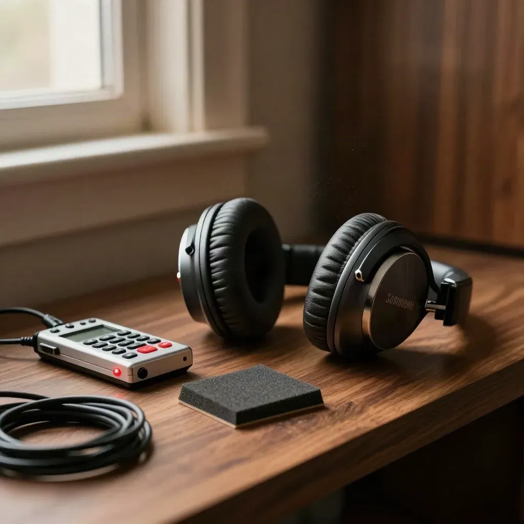 Studio headphones, recorder, foam and cable coil in a cozy podcast-edit suite, side-on macro.
