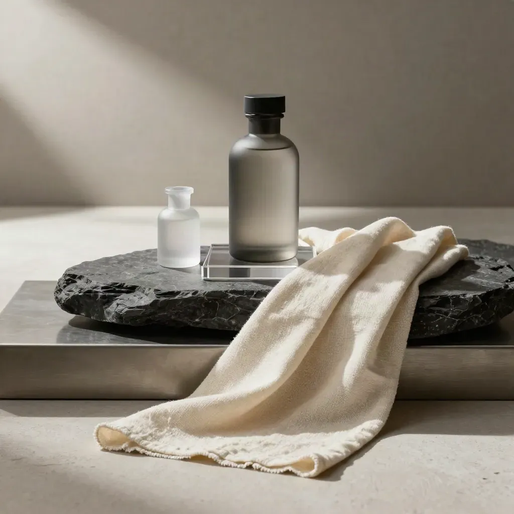 Polished launch set with a hero bottle on acrylic riser and draped fabric in a cinematic studio.