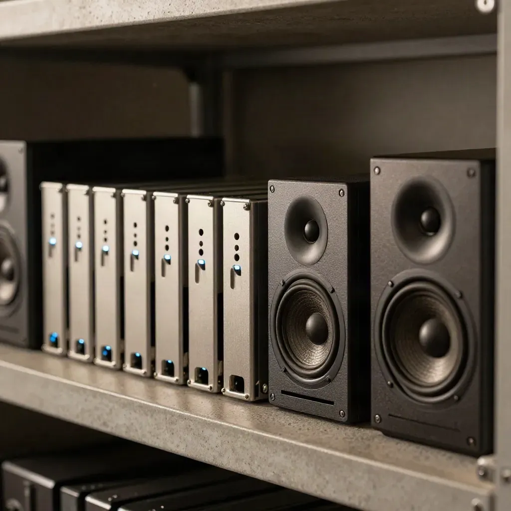 Master drives, archive tower, and studio speakers glowing on a post-production shelf.