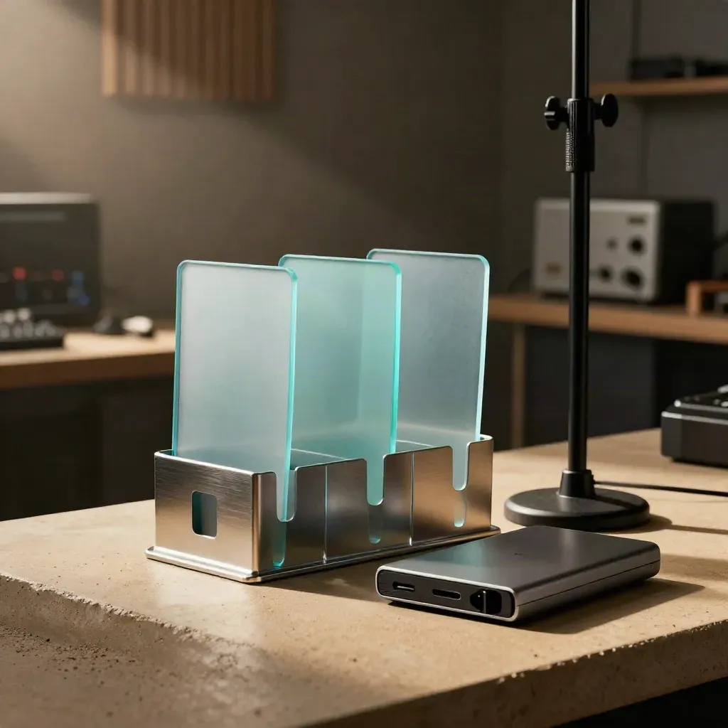 Translucent clip cards, microphone stand base, and export drive in a moody edit suite.