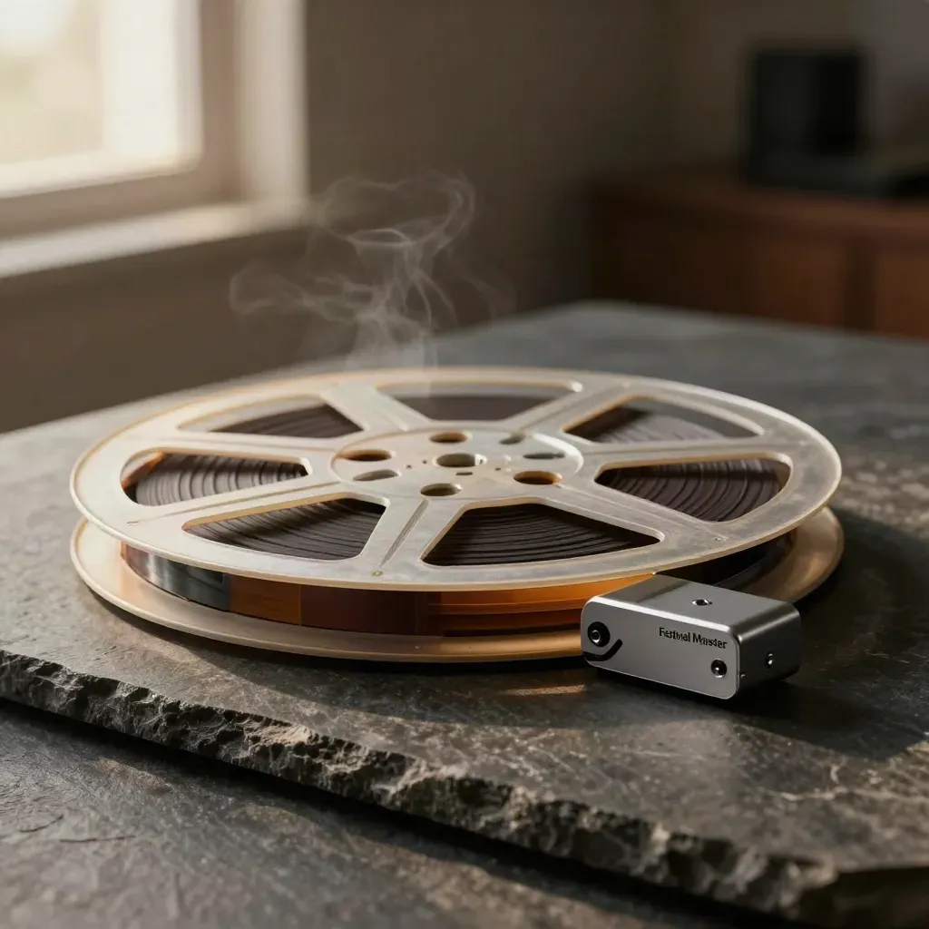 Film reel canister, color strips, and master drive on dark stone in warm light.