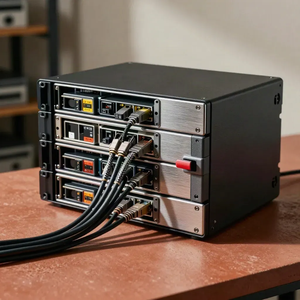 Stacked RAID enclosure, backup drives, cable ties, and media cases on a terracotta workbench.
