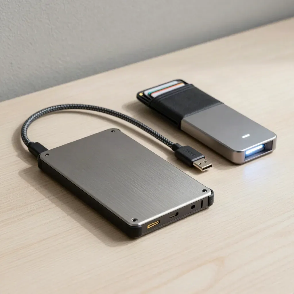 Top-down still life of SSD, memory-card wallet, braided cable and dock on pale wood.