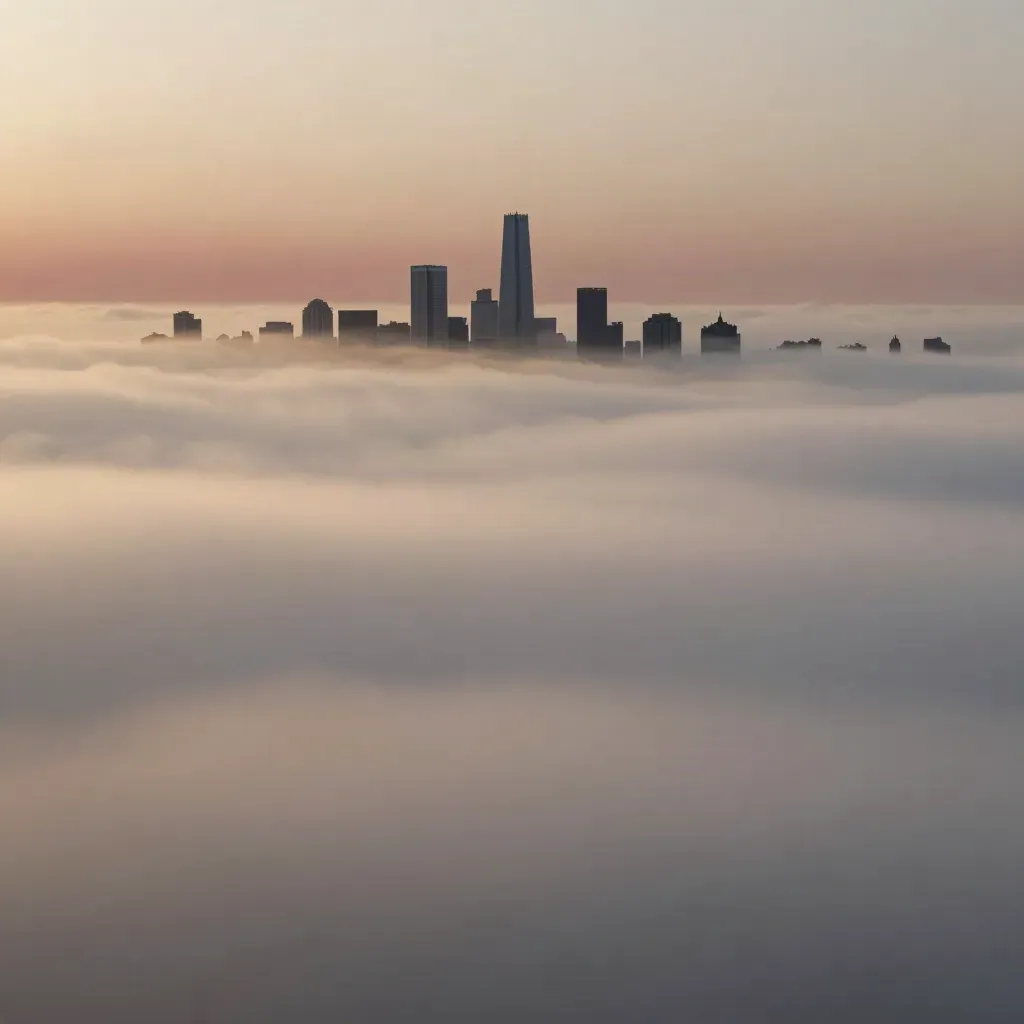Distant city skyline above a layered cloud deck with warm dawn glow and open haze.